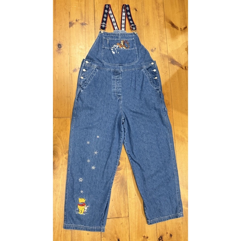 VTG Disney Pooh Tigger Winter Snowflake Embroidered Womens Denim Overalls XL